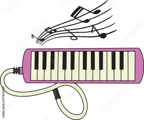 Pink melodica or pianica with floating musical notes above it. Vector illustration of fun and colorful musical instrument used in schools, band, and performances