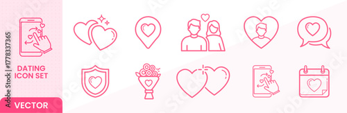 Dating app icon set with hearts, couple, and calendar