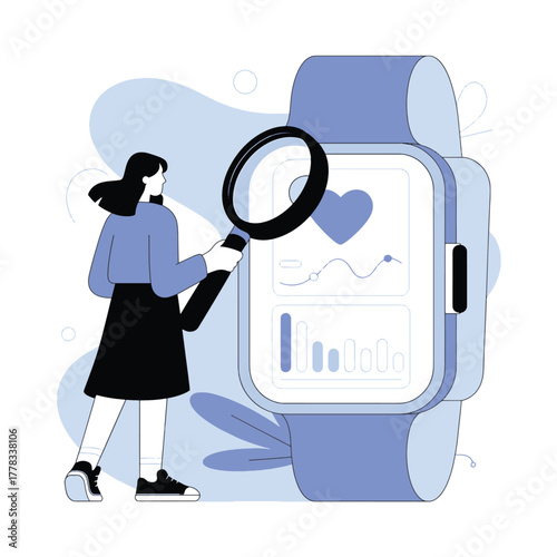 Woman analyzing health data on smart watch with magnifying glass concept