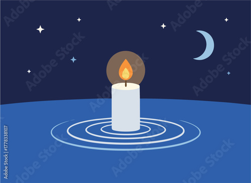 A single glowing candle floats peacefully on tranquil water under a starry night sky, symbolizing hope and serenity