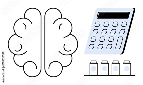Brain outline next to a calculator and jars, highlighting cognitive processing and calculation. Ideal for education, finance, strategy, research, analytics, problem-solving, simple flat metaphor