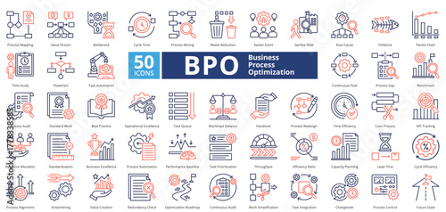 Business Process Optimization dual tone contains 50 icons including root cause, fishbone, pareto chart, time study, flowchart, task automation, continuous flow, process gap, benchmark, simple vector 