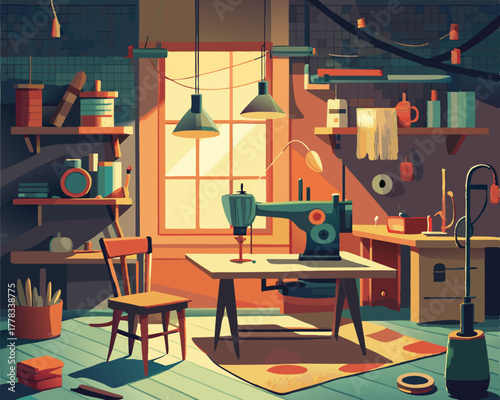 colorful illustration of a Antique Sewing Room with Wooden Furniture Illustration