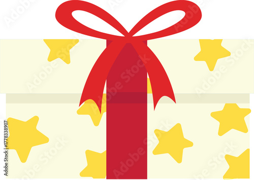 gift box with yellow star pattern and big red bow, minimal Cute Christmas Element clipart illustration on white, perfect for cards, tags, and seasonal promos. 