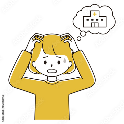 髪の毛のトラブルに悩む女性のイラスト　病院