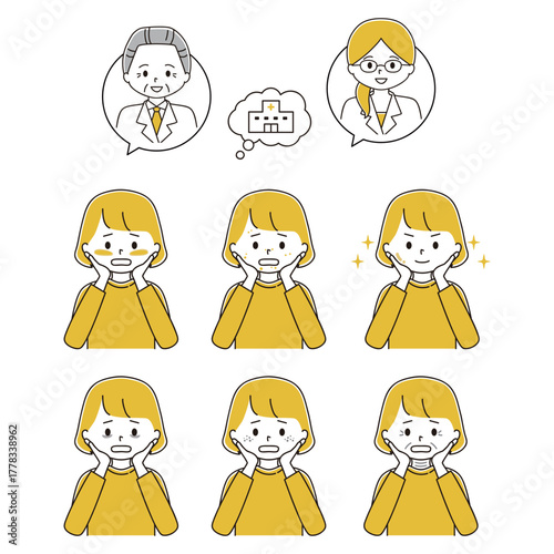 肌トラブルに悩む女性と肌の調子がいい女性と医者の吹き出しのイラストセット