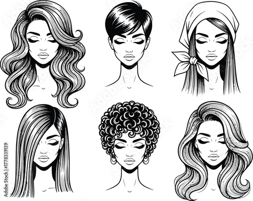 Collection of six diverse hand drawn black and white sketches of women s faces with different hairstyles and head coverings