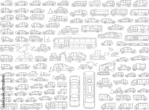 Collection of hand drawn vehicle silhouettes featuring cars trucks buses vans and other transportation modes