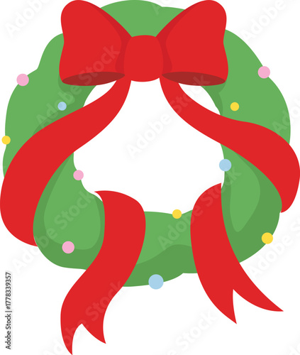 Christmas wreath with big red ribbon bow and pastel ornaments. classic door decor element. simple flat illustration isolated on white. 