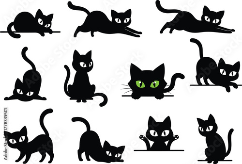 Collection of playful black cat silhouettes in various cartoon poses and expressions for halloween or whimsical designs