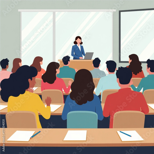 Businesswoman presenting to an attentive audience in a modern conference room