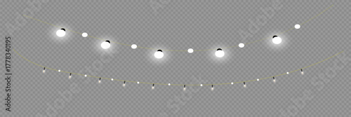 Christmas lights. Vector line with glowing light bulbs.Set of golden xmas glowing garland Led neon lamp illustration. Christmas lights isolated on transparent background for cards, banners, posters