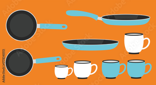 Minimalist illustration of kitchenware, featuring blue frying pans and assorted coffee mugs on a vibrant orange background.