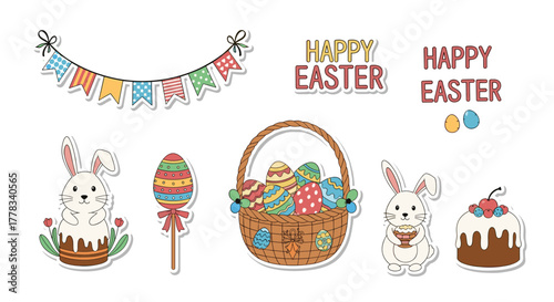 Easter celebration stickers, featuring adorable bunnies, colorful decorated eggs, a basket, festive cakes, and decorative bunting.