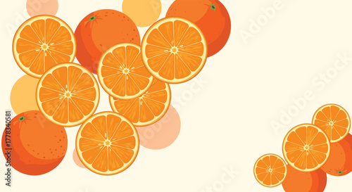 Vibrant illustration of fresh whole and sliced oranges with abstract circular shapes scattered on a light cream background.