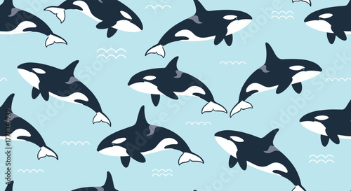 A delightful seamless pattern featuring cute cartoon orcas (killer whales) swimming across a serene light blue background with gentle waves.