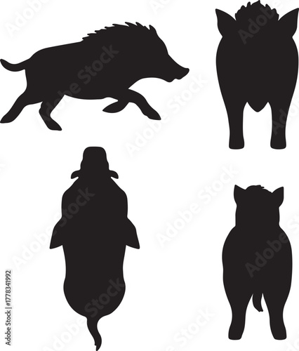 wild boar silhouette icons set side, front, back, and top views vector art illustration