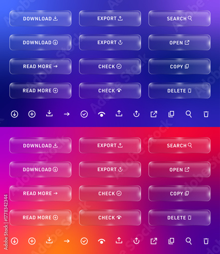 青から紫、そしてピンクオレンジへと変化するグラデーション背景が美しい近未来風グラスボタンセット（透明感と光沢を強調したiPhoneスタイルのUIデザイン／2種類の配色テーマで構成されたWeb・アプリ向けベクター素材）