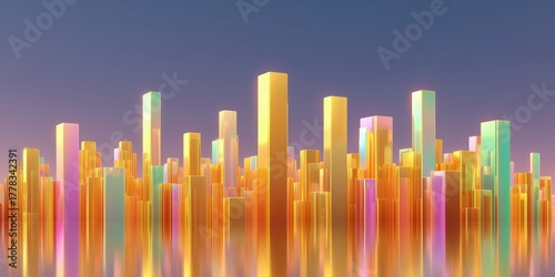 Fototapeta Naklejka Na Ścianę i Meble -  Colorful city skyline during sunset with tall, reflective skyscrapers in vibrant shades.