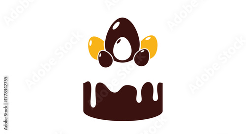 A festive chocolate cake adorned with a large dark Easter egg, smaller golden eggs, and chocolate candies, symbolizing holiday joy.