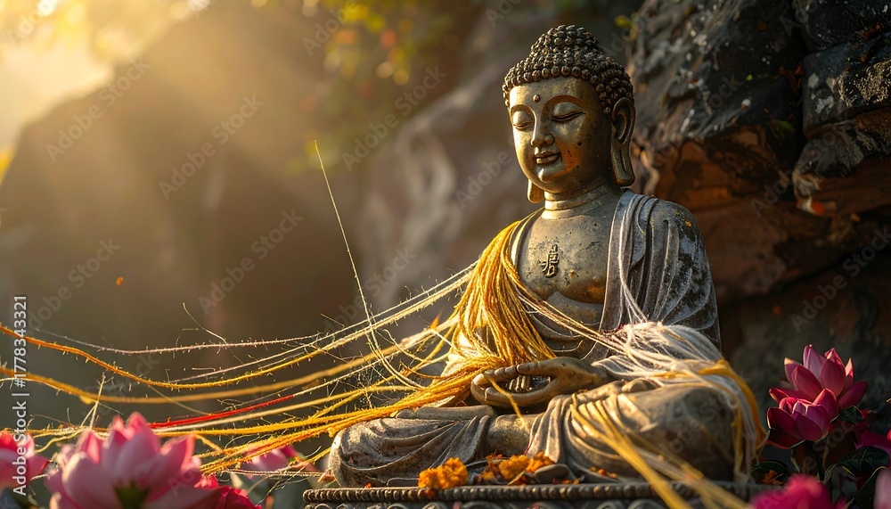 Obraz premium Serene Buddha statue, bathed in sunlight, adorned with flowers and offerings