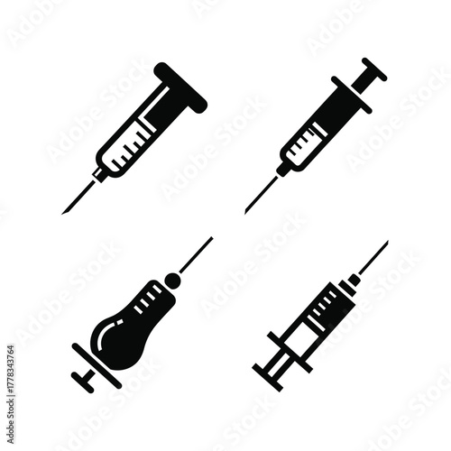 Four versatile black and white syringe icons, symbolizing medical injections, healthcare, and vaccination. Perfect graphic illustrations for health-related design and educational content