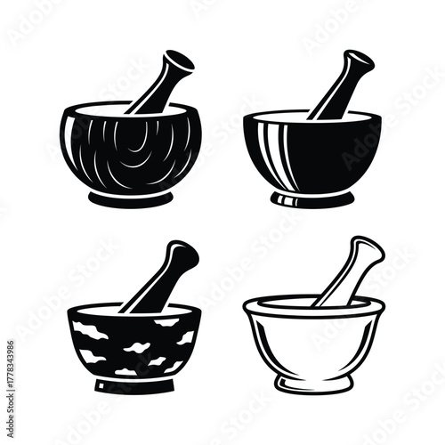 A collection of four distinct black and white vector illustrations depicting mortar and pestle sets, classic tools used for grinding and mixing ingredients