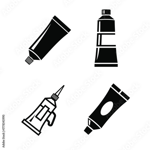 Illustration of various tubes paint, glue, and other containers in a simple, flat design