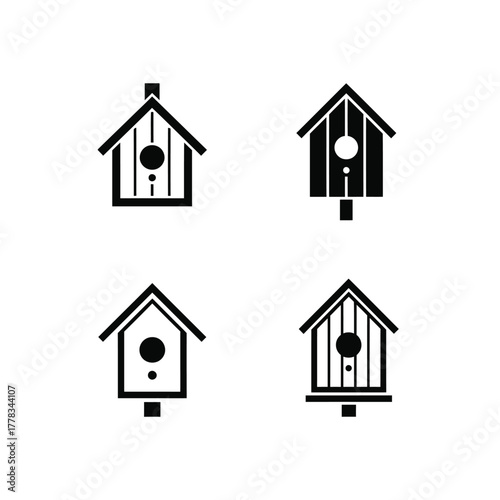 A collection of four simple birdhouse vector icons. Minimalist black silhouettes representing home, nature, and shelter for birds, isolated on a white background