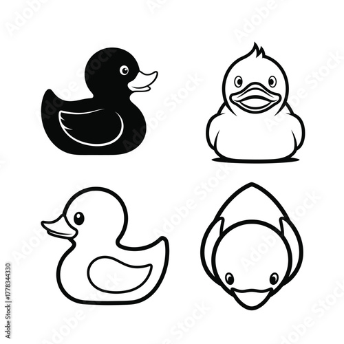 A collection of four rubber duck icons from different perspectives, symbolizing nostalgic childhood bath time fun and play