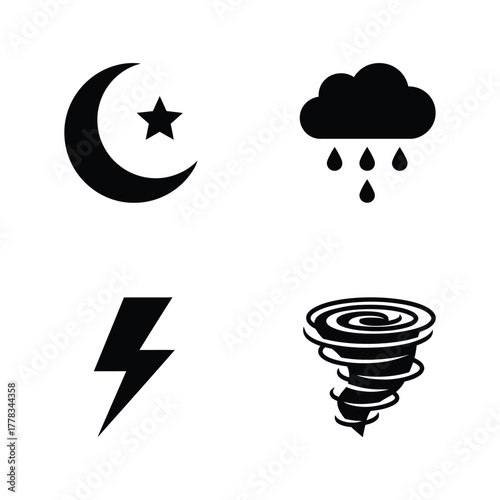 Weather and Celestial Symbols Crescent Moon, Rain Cloud, Lightning, and Tornado Vector Icons