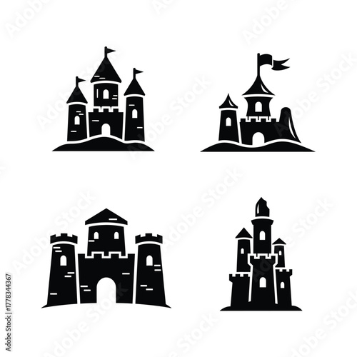 Collection of classic medieval castle silhouettes, featuring various fortified structures suitable for fantasy-themed graphic design projects and royal historical illustrations
