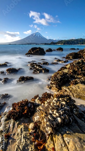 Serene coastal scene with a majestic mountain in the background