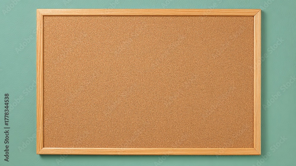 Fototapeta premium Corkboard Bulletin Board with Wooden Frame on Teal Wall, Perfect for Notices and Reminders, Studio Shot