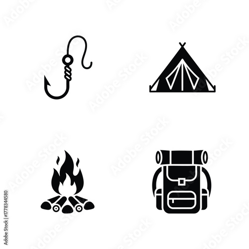 Camping Essentials Fishing Hook, Tent, Campfire, and Backpack Icons