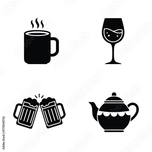 Collection of icons representing hot beverages, alcoholic drinks, and tea time preparations