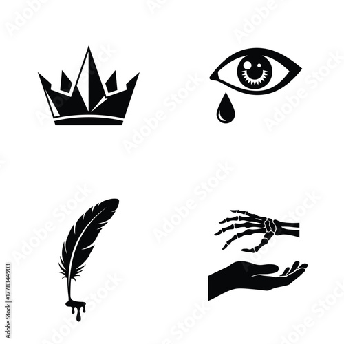 Symbolic monochrome icon set featuring a crown, teardrop eye, ink quill, and skeleton hand, representing power, grief, writing, and death