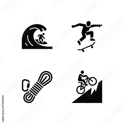 Set of four icons representing extreme sports and outdoor adventure activities including surfing, skateboarding, rock climbing, and mountain biking, ideal for web or print