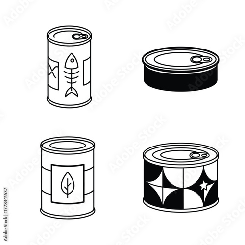 Variety of stylized food cans Featuring a fish, a leaf, and abstract designs. A collection in outline