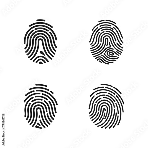 A diverse collection of unique human fingerprint patterns used for biometric security systems, identity verification, and forensic concepts. Isolated black vector line icons