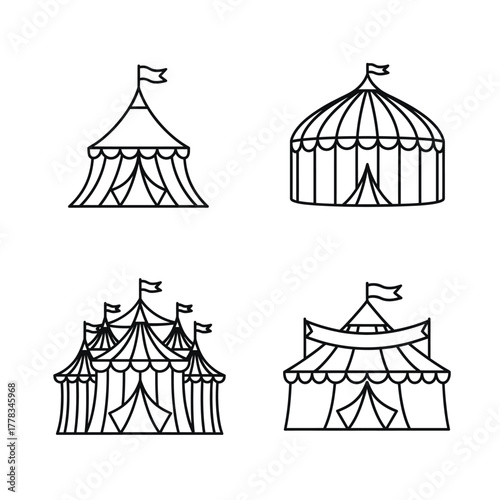 Collection of hand-drawn circus tents and marquees, depicting traditional entertainment venues