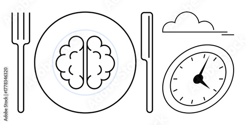 Brain placed on a plate with fork and knife, clock, and cloud symbolizing mindful eating, time-bound habits, focus, discipline, wellness, productivity, mental health awareness simple flat metaphor