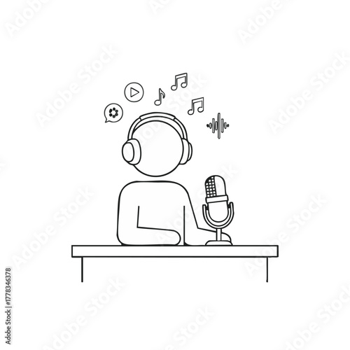 A line drawing depicts a person with headphones broadcasting into a microphone, surrounded by musical notes and icons, representing podcasting.