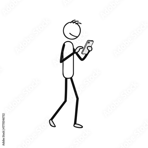 A simple stick figure walks while engrossed in their smartphone, representing modern communication and mobile technology use.