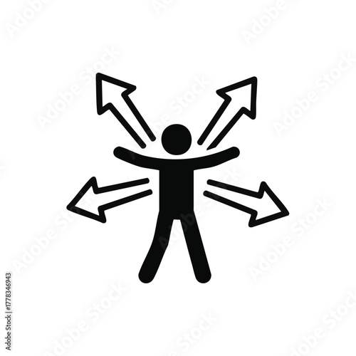 A black silhouette of a person with outstretched arms surrounded by arrows, symbolizing choices and options in various directions.
