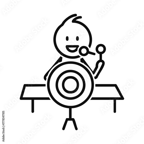 A happy stick figure musician plays a drum set with a microphone, creating music on a white background, representing entertainment.