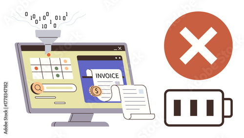 Computer screen displays invoice processing and data input with filter. Red error icon and low battery symbol highlight system issues. Ideal for productivity, automation, finance, troubleshooting