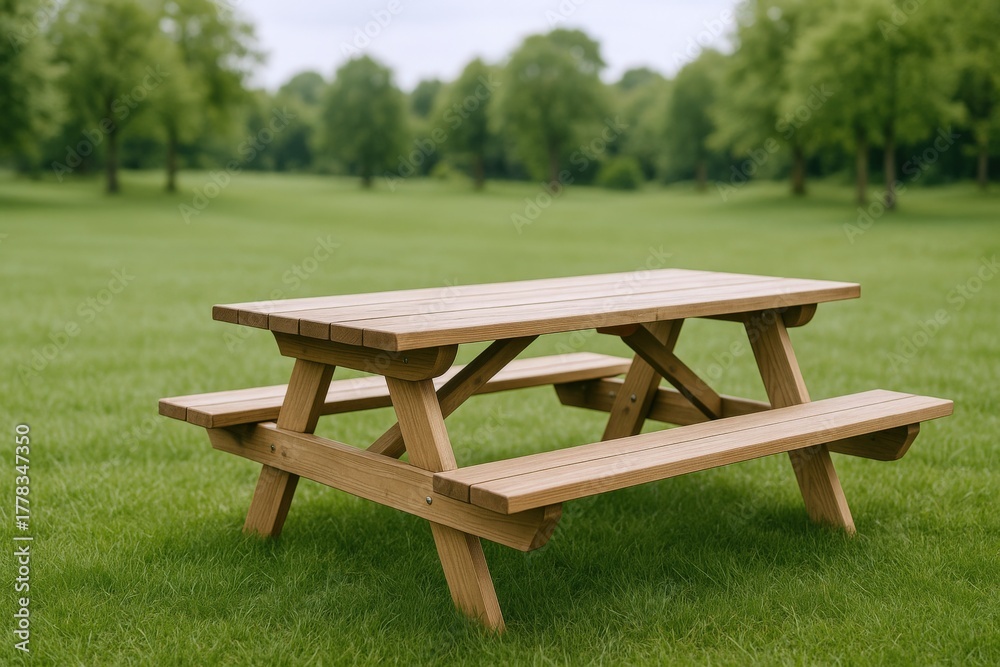 Naklejka premium Picnic Table in a Lush Green Park: Ideal for Outdoor Dining and Family Gatherings