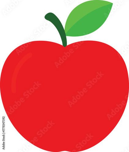 Vibrant red apple with a fresh green leaf isolated on a white background