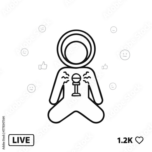 A minimalist illustration of a person with a microphone symbol within their chest, representing live performance or broadcasting.